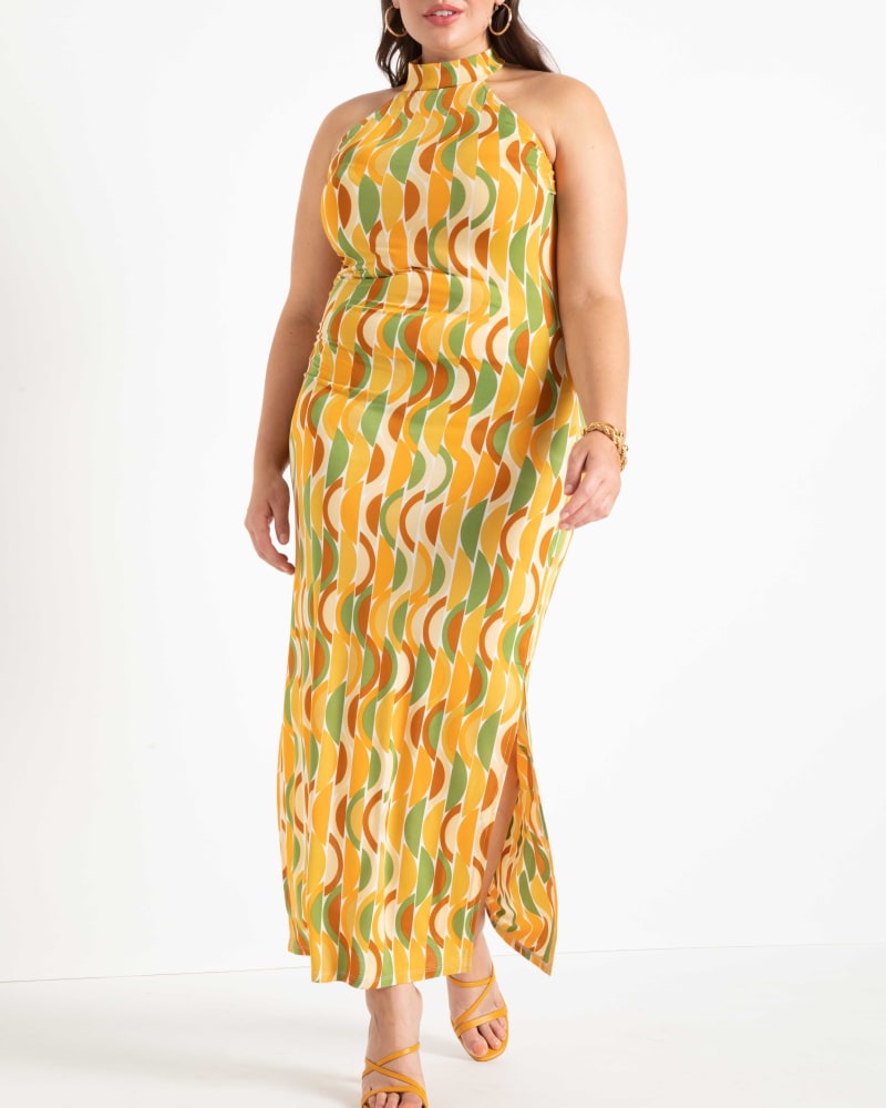 Plus size model wearing Miranda Sunrise Cabana Halter Dress by ELOQUII | Dia&Co | dia_product_style_image_id:189387